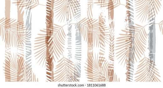 Tropical pattern, palm leaves seamless vector floral background. Exotic plant on pastel stripes print illustration. Summer nature jungle print. Leaves of palm tree on paint lines. ink brush strokes