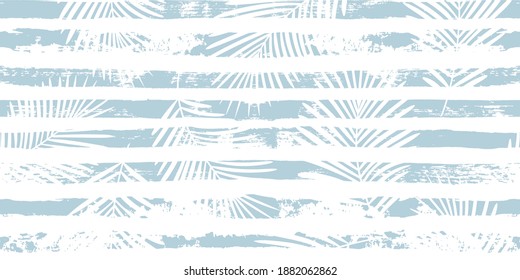 Tropical pattern, palm leaves seamless vector floral background. Exotic plant on blue stripes print illustration. Summer nature jungle print. Leaves of palm tree on paint lines. ink brush strokes