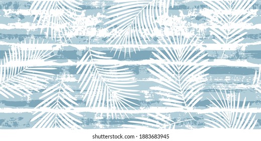 Tropical pattern, palm leaves seamless vector floral background. Exotic plant on blue stripes print illustration. Summer nature jungle print. Leaves of palm tree on paint lines. ink brush strokes