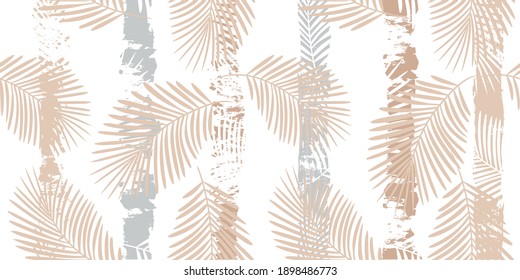 Tropical pattern, palm leaves seamless vector floral background. Exotic plant on beige stripes print illustration. Summer nature jungle print. Leaves of palm tree on paint lines. ink brush strokes