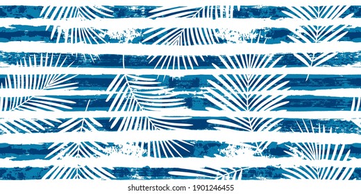 Tropical pattern, palm leaves seamless vector floral background. Exotic plant on blue stripes print illustration. Summer jungle print. Leaves of palm tree on paint strokes