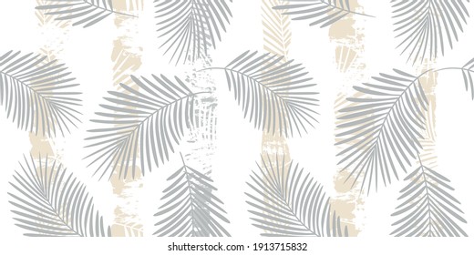Patrón tropical, hojas de palma sin costura vectorial de fondo floral. Planta exótica sobre rayas beige ilustraciones impresas. Huella veraniega de la jungla. Hojas de palmera en líneas de pintura. trazos de pincel de tinta