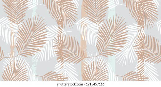 Tropisches Muster, Palmblätter nahtlose Vektorgrafik-Hintergrund. Exotische Pflanze auf beigem Streifen Druckgrafik. Sommernaturdschungeldruck. Blätter von Palmen auf Farblinien. Pinselstriche