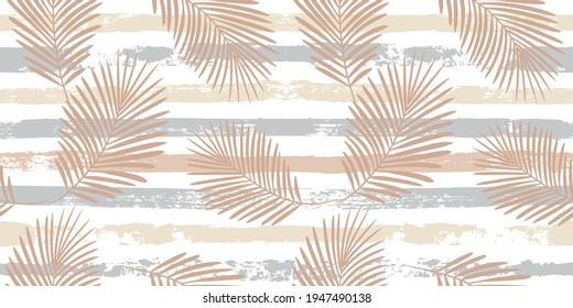 Tropical pattern, palm leaves seamless vector floral background. Exotic plant on beige stripes print illustration. Summer nature jungle print. Leaves of palm tree on paint lines. ink brush strokes