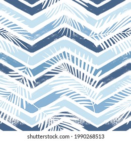 Tropical pattern, palm leaves seamless vector floral background. Exotic plant on blue chevron stripes print. Summer nature watercolor zigzag lines jungle print