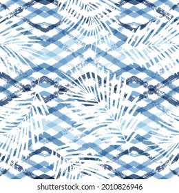 Tropical pattern, palm leaves seamless vector floral background. Exotic plant on blue chevron stripes print. Summer nature watercolor zigzag lines jungle print