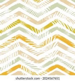 Tropical pattern, palm leaves seamless vector floral background. Exotic plant on blue chevron stripes print. Summer nature watercolor zigzag lines jungle print