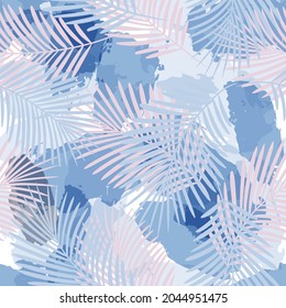 Tropical pattern, palm leaves seamless vector background. Exotic plant on watercolor stains artistic jungle print. Leaves of palm tree. ink brush