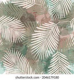 Tropical pattern, palm leaves seamless vector background. Exotic plant on watercolor stains artistic jungle print. Leaves of palm tree. ink brush