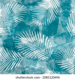 Tropical pattern, palm leaves seamless vector background. Exotic plant on watercolor stains artistic jungle print. Leaves of palm tree. ink brush