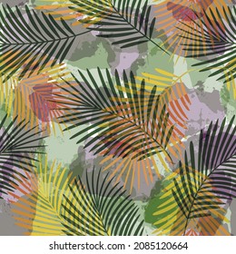 Tropical pattern, palm leaves seamless vector background. Exotic plant on watercolor stains artistic jungle print. Leaves of palm tree. colorful brush texture