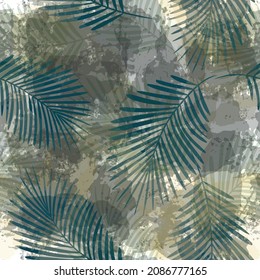 Tropical pattern, palm leaves seamless vector background. Exotic plant on watercolor stains artistic jungle print. Leaves of palm tree. brown brush texture