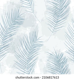 Tropical pattern, palm leaves seamless vector background. Exotic plant on watercolor stains artistic jungle print. Leaves of palm tree. brush texture