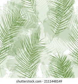 Patrón tropical, hojas de palma fondo vectorial sin costura. Plantas exóticas sobre manchas acuáticas estampadas artísticas de selva. Hojas de palmera. textura de pincel