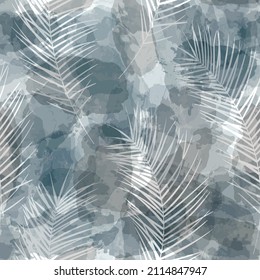Tropical pattern, palm leaves seamless vector background. Exotic plant on watercolor stains artistic jungle print. Leaves of palm tree. brush texture