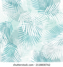 Tropical pattern, palm leaves seamless vector background. Exotic plant on watercolor stains artistic jungle print. Leaves of palm tree.