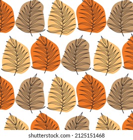 Tropical pattern, palm leaves seamless vector floral background. Exotic plant on beige stripes print illustration. Summer nature jungle print. Leaves of palm tree on abstract shapes. ink brush strokes