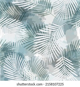 Tropical pattern, palm leaves seamless vector floral background. Exotic plant on blue stripes print illustration. Summer nature jungle print. Leaves of palm tree on paint lines. ink brush strokes