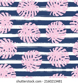 Tropical pattern, palm leaves seamless vector background. Exotic plant on navyblue stripes illustration. Leaves of palm tree on paint lines. ink brush strokes
