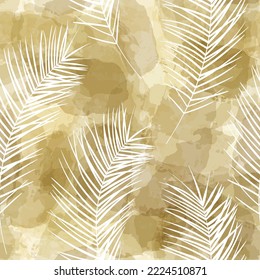 Tropical pattern, palm leaves seamless vector background. exotic plant on watercolor stains artistic jungle print. Leaves of palm tree. brush texture