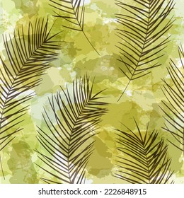 Tropical pattern, palm leaves seamless vector background. exotic plant on watercolor stains artistic jungle print. Leaves of palm tree. brush texture