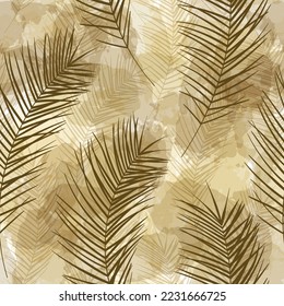 Patrón tropical, hojas de palma fondo vectorial sin costura. planta exótica sobre manchas acuáticas estampado artístico de la selva. Hojas de palmera. textura de pincel