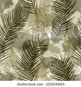 Tropical pattern, palm leaves seamless vector background. exotic plant on watercolor stains artistic jungle print. Leaves of palm tree. brush texture