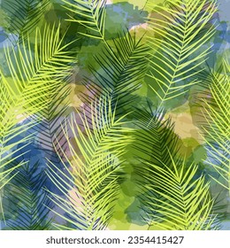Patrón tropical, hojas de palma fondo vectorial sin costura. La acuarela deja huella exótica de la jungla 