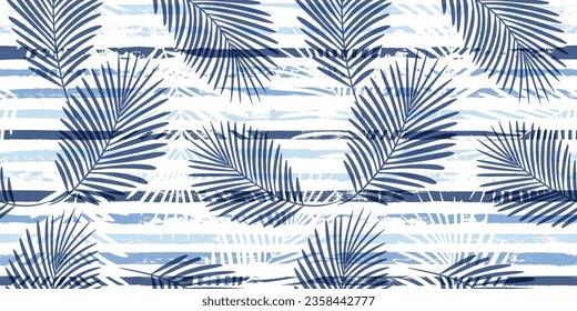 Tropical pattern, palm leaves seamless vector background. Exotic plant on blue stripes Summer nature jungle print.