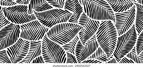 Tropical pattern, palm leaves seamless vector floral background. Exotic plant. monochrome Jungle geometric seamless pattern.