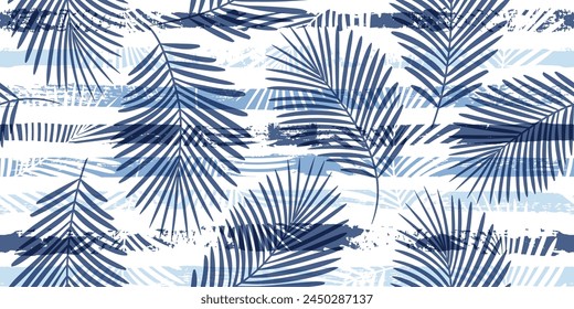 Tropical pattern, palm leaves seamless vector floral background. Exotic plant on blue stripes print illustration. Summer nature jungle print. Leaves of palm tree on paint lines. ink brush strokes