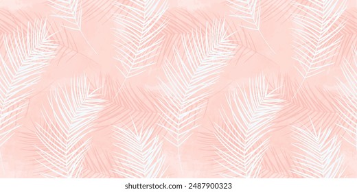 Tropical pattern, palm leaves seamless vector background. Exotic plant on watercolor stains jungle print. Leaves of palm tree. Gentle flying feathers
