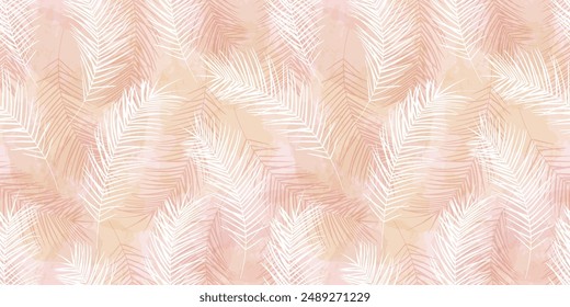 Patrón tropical, hojas de palma de fondo de Vector sin fisuras. Planta exótica sobre manchas de acuarela estampado de selva. Hojas de palmera. Plumas voladoras suaves