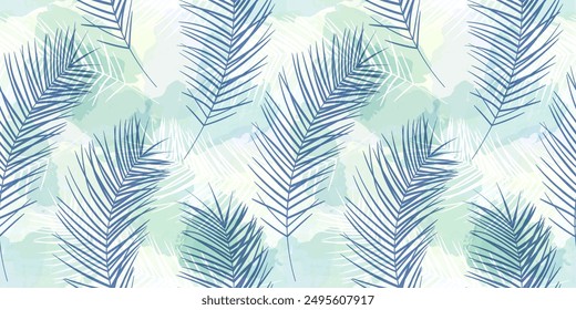 Tropical pattern, palm leaves seamless vector background. Exotic plant watercolor jungle print. Leaves of palm tree. Flying feathers