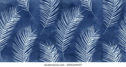 Tropical pattern, palm leaves seamless vector background. Exotic plant on watercolor stains jungle print. Leaves of palm tree.