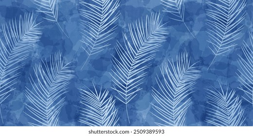 Tropical pattern, palm leaves seamless vector background. Exotic plant on watercolor stains jungle print. Leaves of palm tree.