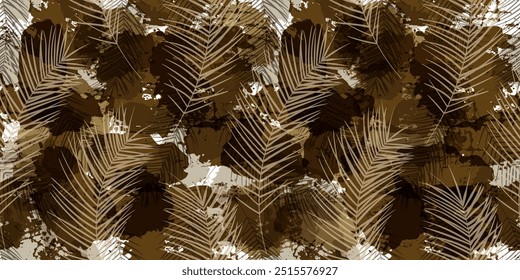 Patrón tropical, la palma deja un fondo de Vector sin fisuras. Planta exótica sobre manchas de acuarela estampado de selva. Hojas de palmera.