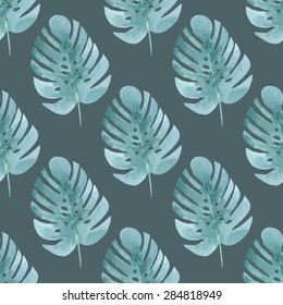Tropical pattern with palm leaves. Seamless watercolor background, vector.