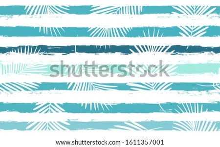 Tropical pattern, palm leaves seamless vector floral background. Exotic plant on sea stripes print illustration. Summer blue jungle print. Leaves of palm tree on paint lines.