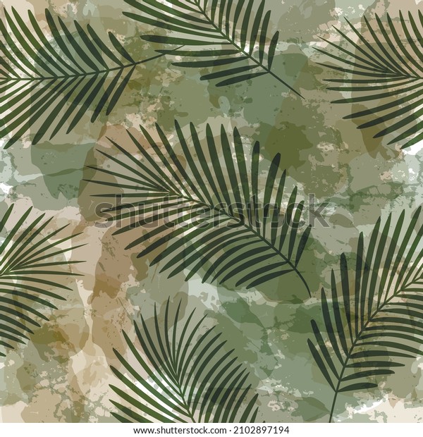 Tropical pattern, palm leaves seamless vector\
background. Exotic plant on watercolor stains artistic jungle\
print. Leaves of palm tree. brush\
texture