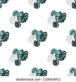 Tropical pattern with palm leaves. Vintage square watercolor print with tropic foliage. Summer seamless pattern background with floral elements on white backdrop.