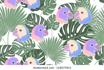 Tropical pattern of palm and monstera deliciosa leaves with exotic parrots. Vintage vector botanical illustration. Seamless background, texture, wrapper pattern, frame or border. Digital nature art.