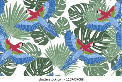 Tropical pattern of palm and monstera leaves with exotic blue parrots. Vintage vector botanical illustration. Seamless background, texture, wrapper pattern, frame or border. Digital nature art.