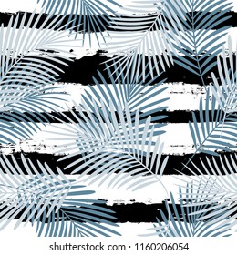 Tropical pattern, palm tree leaves floral jungle background. Exotic plant on stripes illustration. Summer nature print. Leaves of palm on paint lines. seamless vector