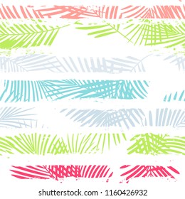 Tropical pattern, palm tree leaves floral jungle background. Exotic plant on stripes illustration. Summer nature print. Leaves of palm on paint lines. seamless vector