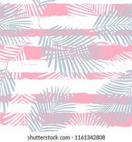 Tropical pattern, palm tree leaves floral jungle background. Exotic plant on stripes illustration. Summer nature print. Leaves of palm on paint lines. seamless vector