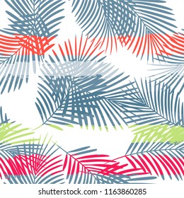 Tropical pattern, palm tree leaves floral jungle background. Exotic plant on stripes illustration. Summer nature print. Leaves of palm on paint lines. seamless vector
