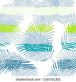 Tropical pattern, palm tree leaves floral jungle background. Exotic plant on stripes illustration. Summer nature print. Leaves of palm on paint lines. seamless vector