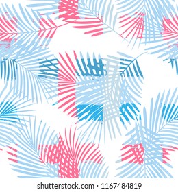 Tropical pattern, palm tree leaves floral jungle background. Exotic plant on stripes illustration. Summer nature print. Leaves of palm on paint lines. seamless vector