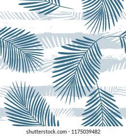 Tropical pattern, palm tree leaves floral jungle background. Exotic plant on stripes illustration. Summer nature print. Leaves of palm on paint lines. seamless vector
